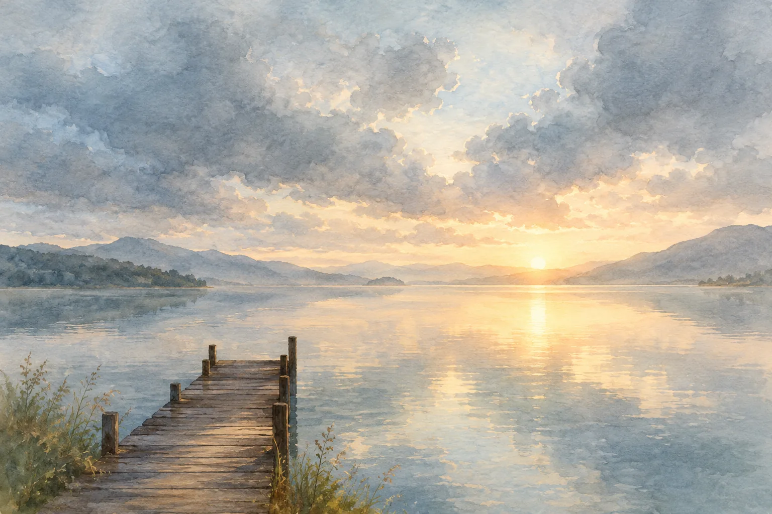 An illustration made for this post: rain clouds slowly clearing over a lake at dawn