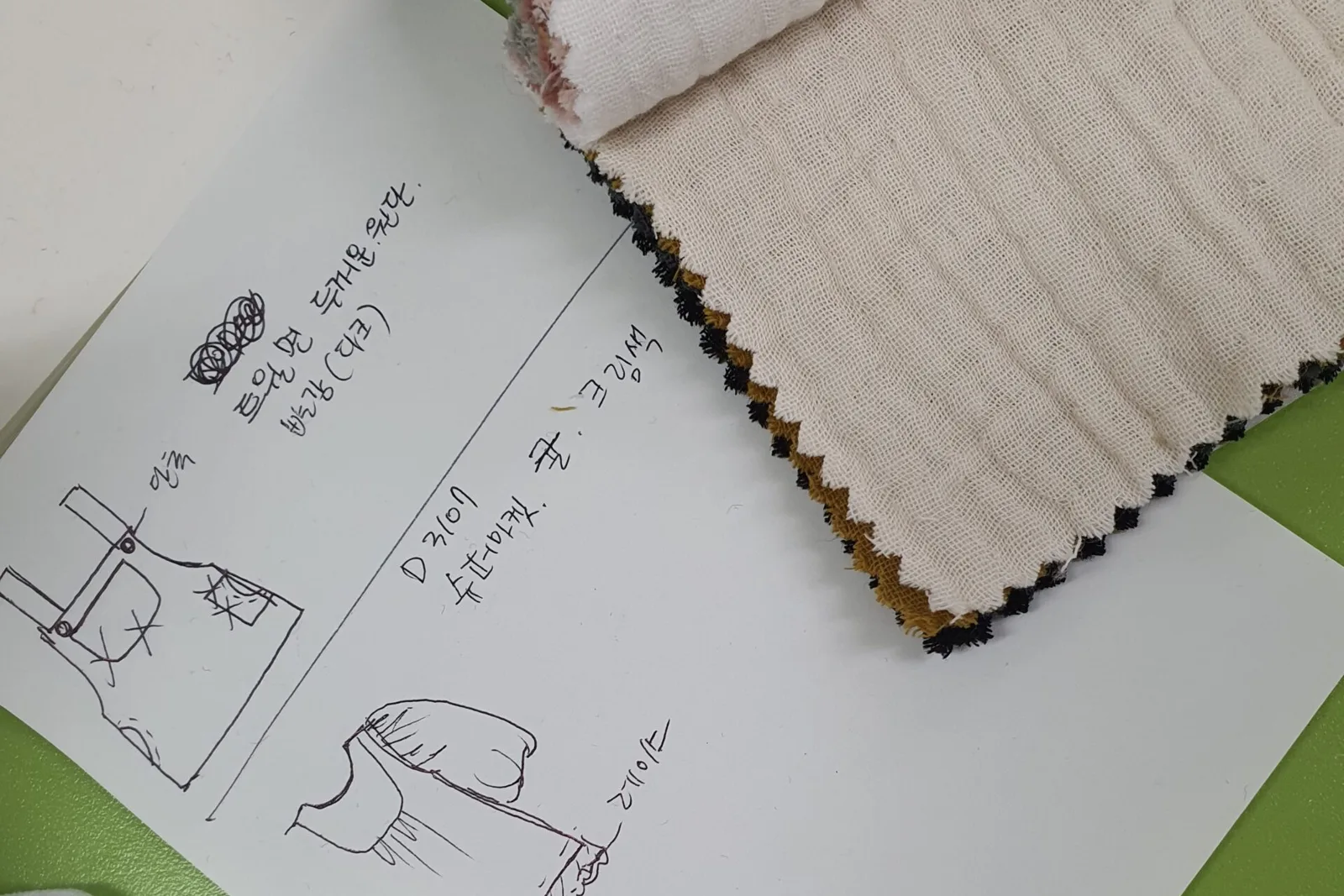 디자인 스케치 위에 원단 견본과 레이스를 올려놓은 작업 테이블