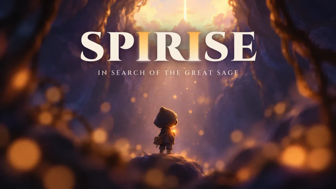 The cover of Spirise, a WECOSMO mind game: a small figure in a dark underground cavern looking up toward light falling from above