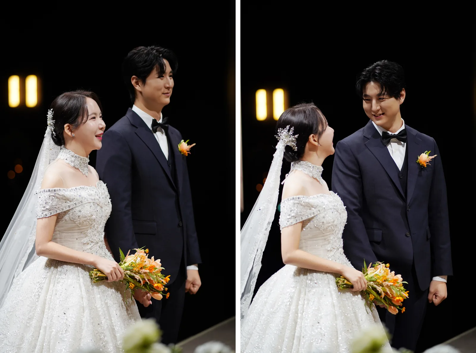 같은 자리에서 잇달아 찍힌 신랑 신부의 두 장. 왼쪽은 두 사람이 같은 쪽을 보며 웃고, 오른쪽은 서로를 마주 본다