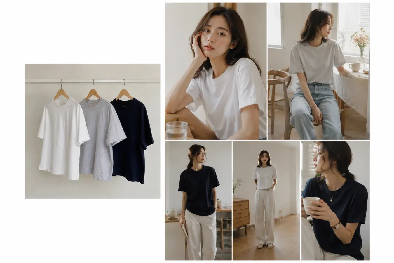 웨어룸 예시 이미지. 행거에 건 티셔츠 세 벌(왼쪽)과 같은 옷을 입힌 AI 착용컷(오른쪽). 올리기 전에는 이렇게 옷 사진과 결과를 한 화면에 놓고 본다